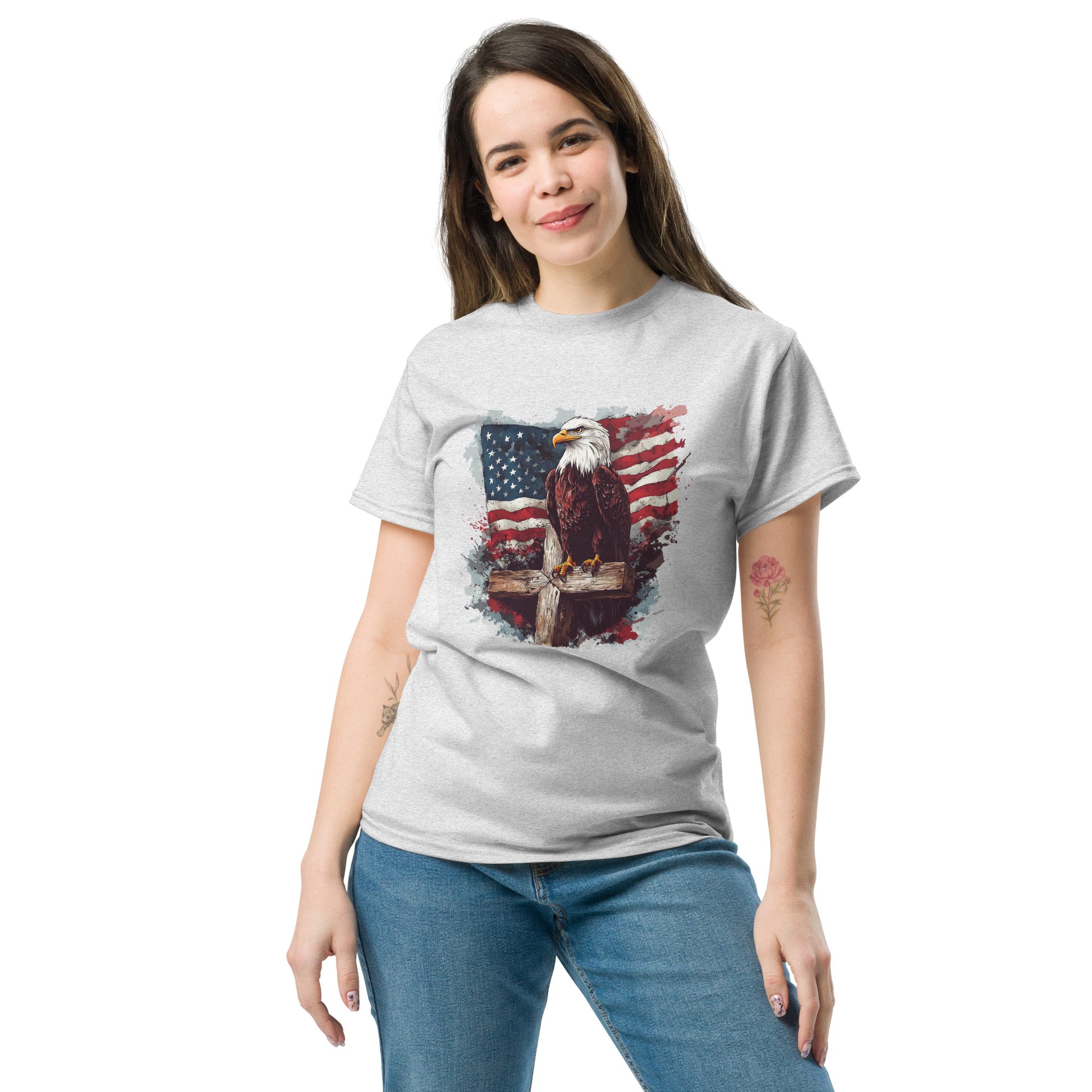 Eagle on cross in front of flag T-Shirt