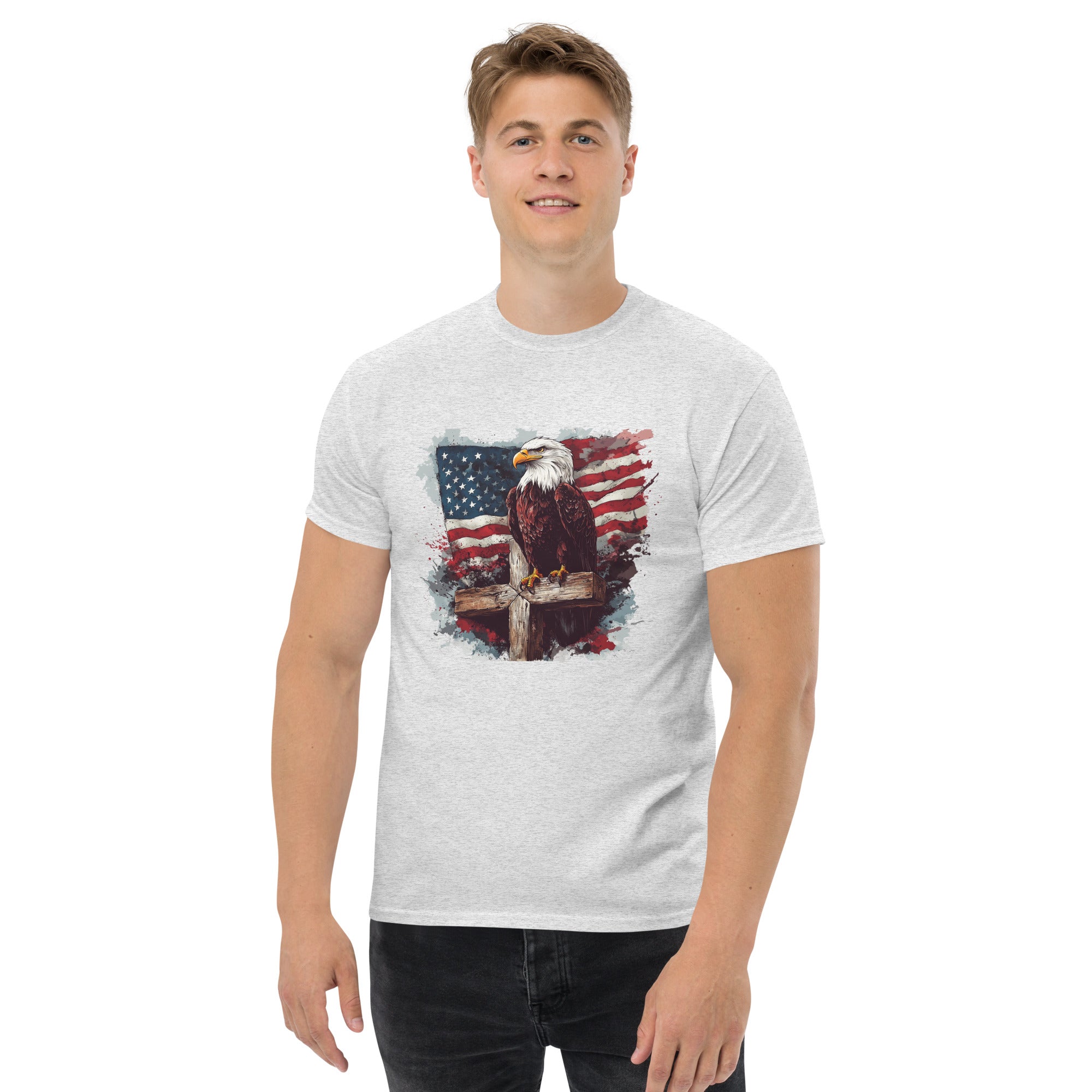 Eagle on cross in front of flag T-Shirt