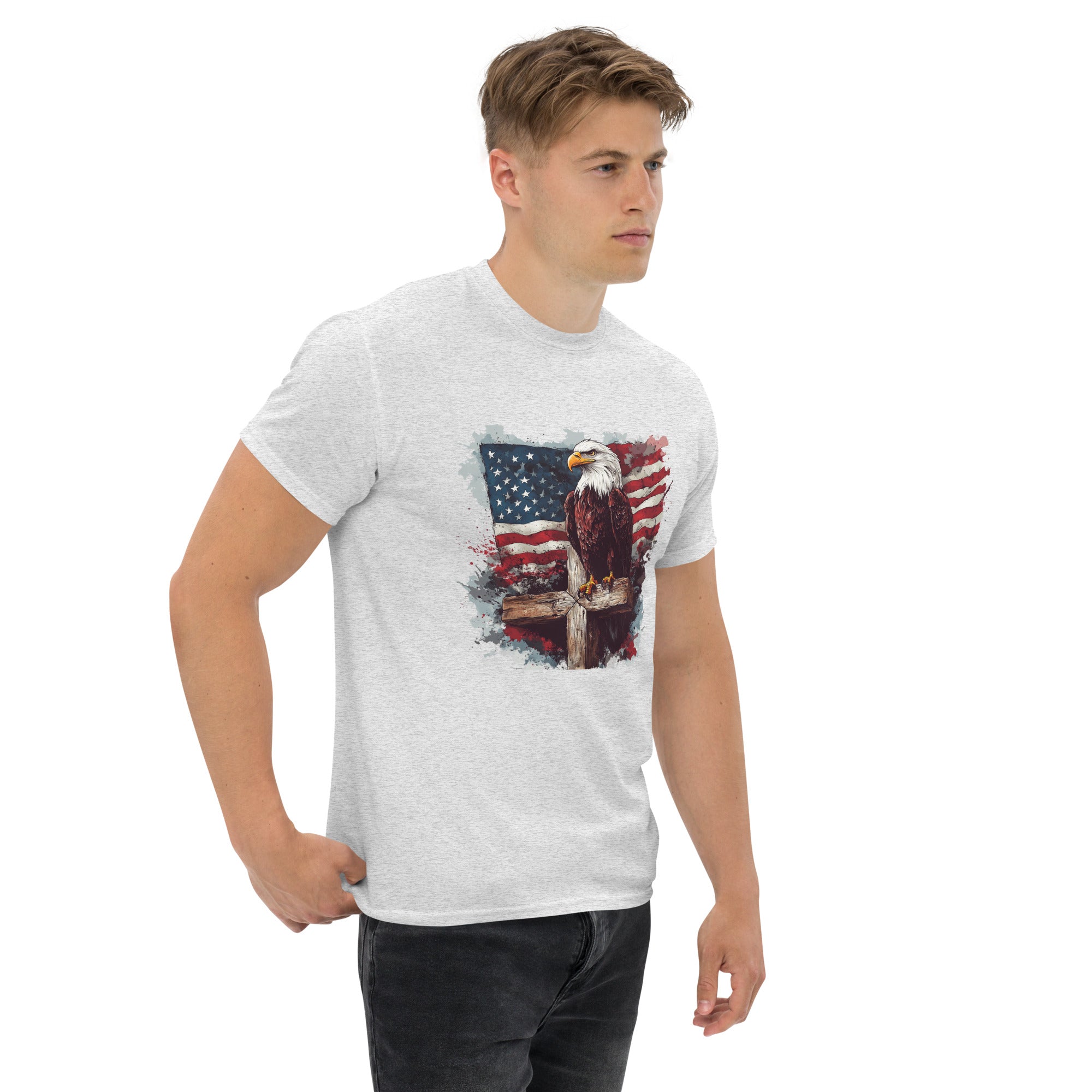 Eagle on cross in front of flag T-Shirt